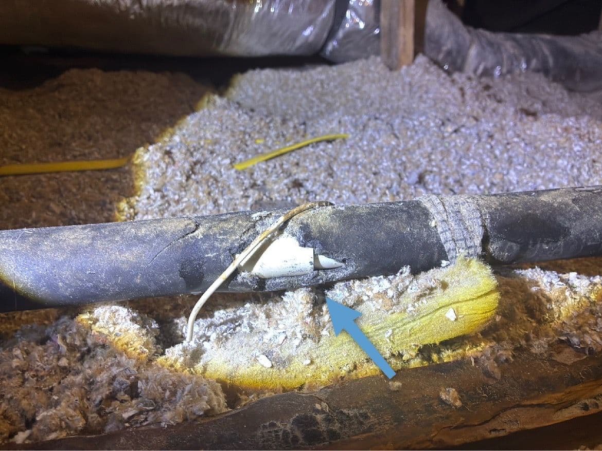Condensate drain line in a Tampa attic with damaged insulation exposing the pipe, marked by an arrow