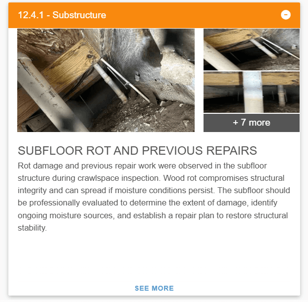 Subfloor rot and previous repairs defect comment
