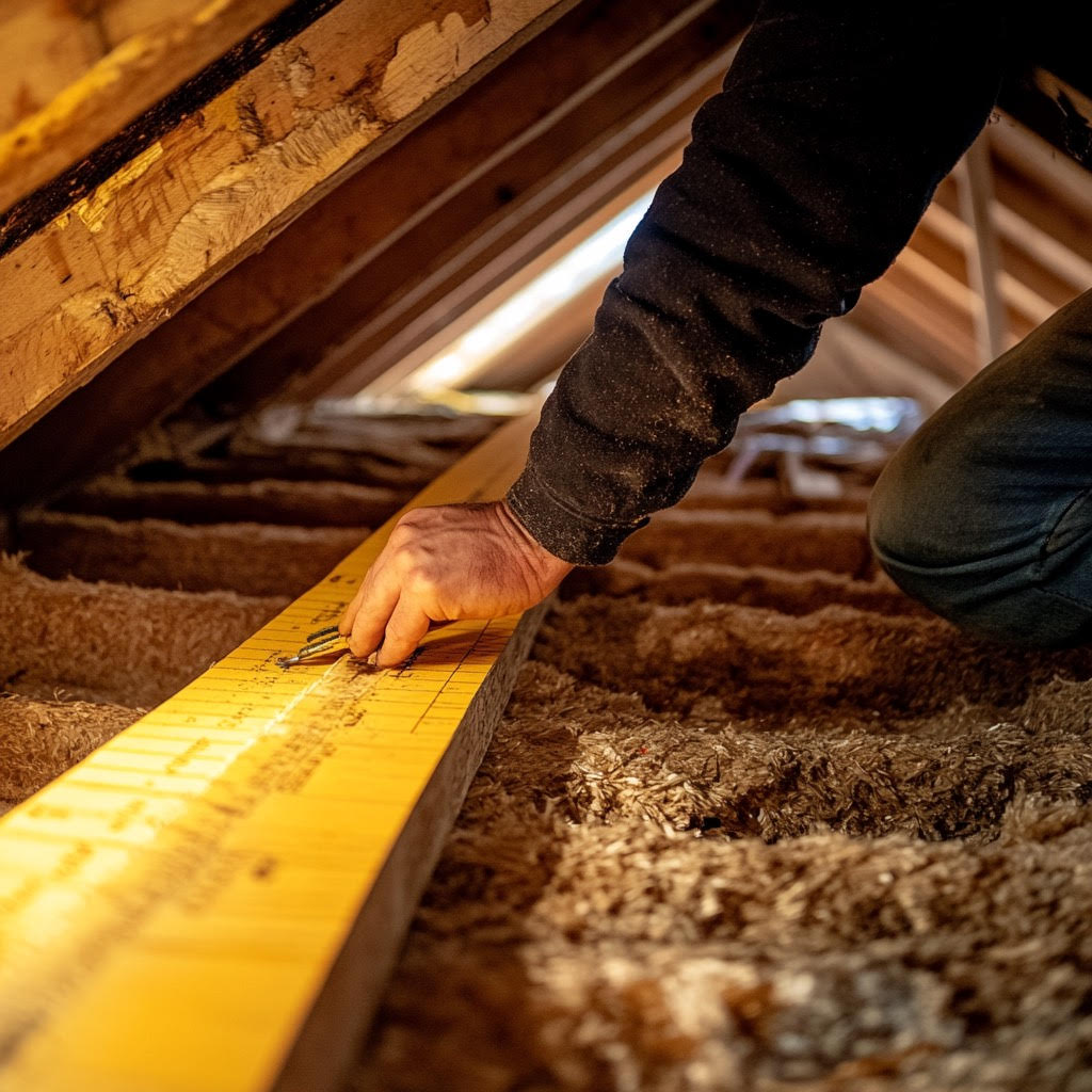 inspector measuring roof to wall connection for wind mitigation